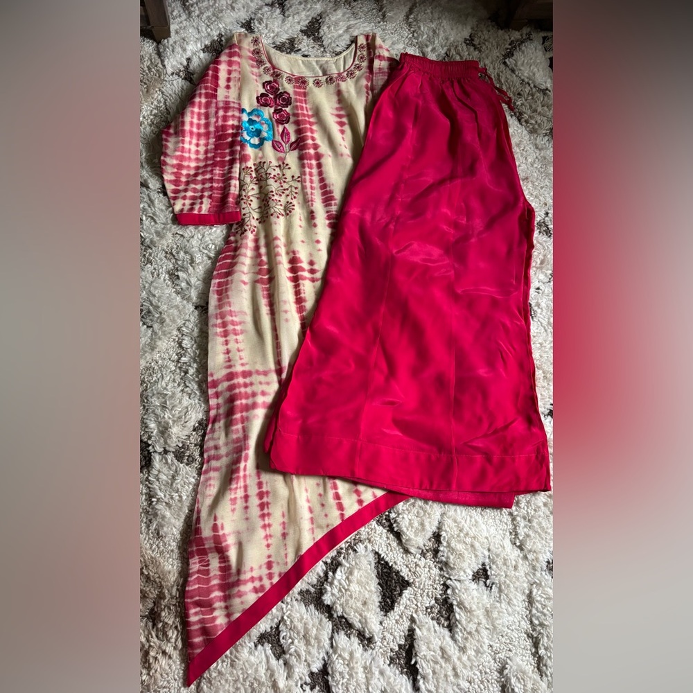 Vibrant Pink and Cream Patterned Indian Dress,